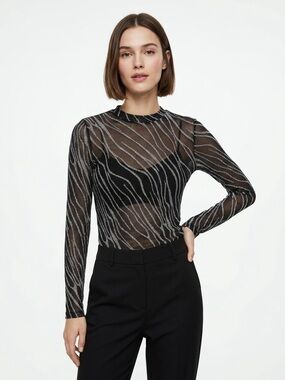H&M Sheer Metallic Stripe Top – Black/Silver, Size Small